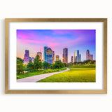 Extra large abstract art print of Houston skyline in textured gold frame, ideal for living room decor.
