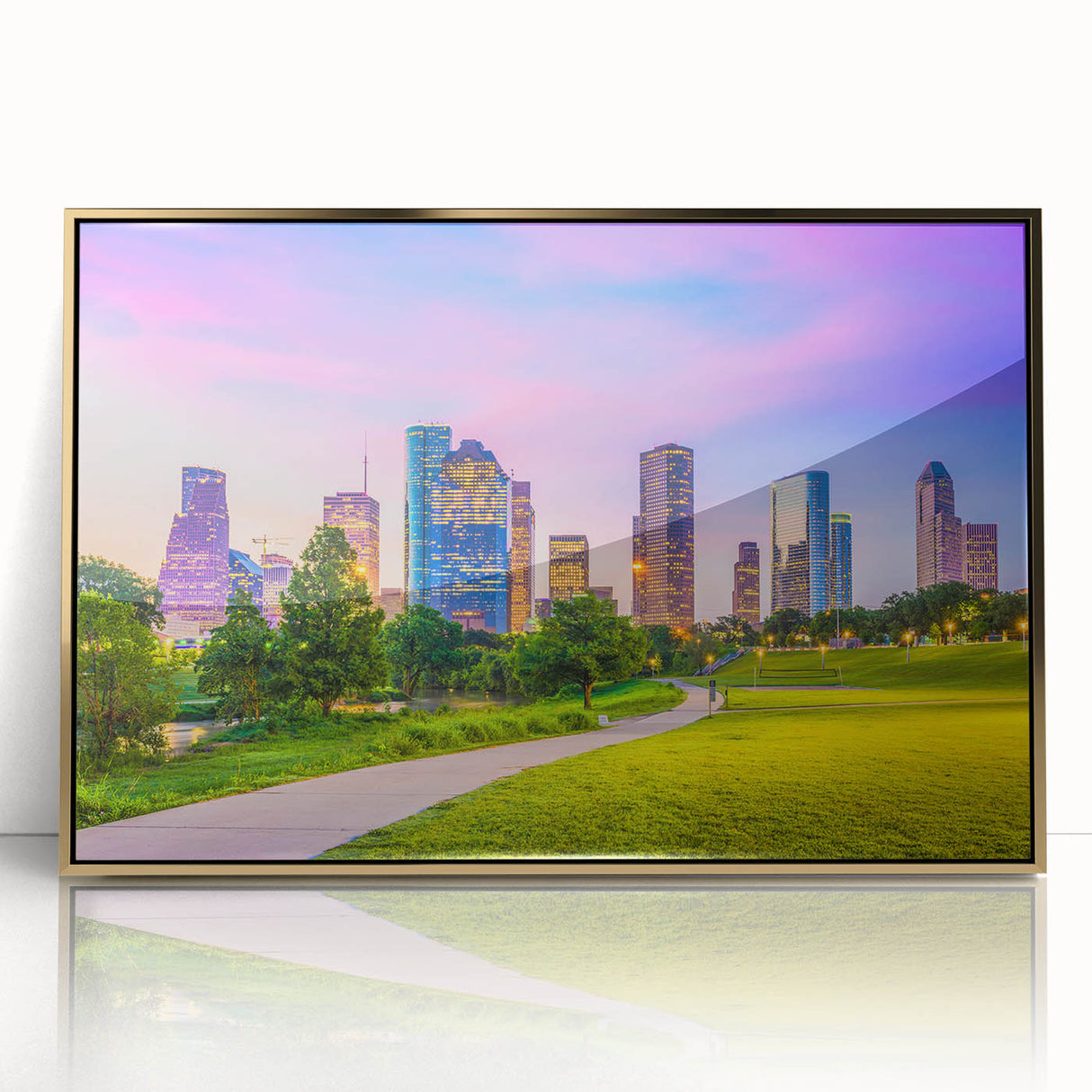 Large art print of Houston skyline in gold tones on framed acrylic, ideal for modern art wall decor.
