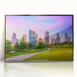 Large art print of Houston skyline in gold tones on framed acrylic, ideal for modern art wall decor.