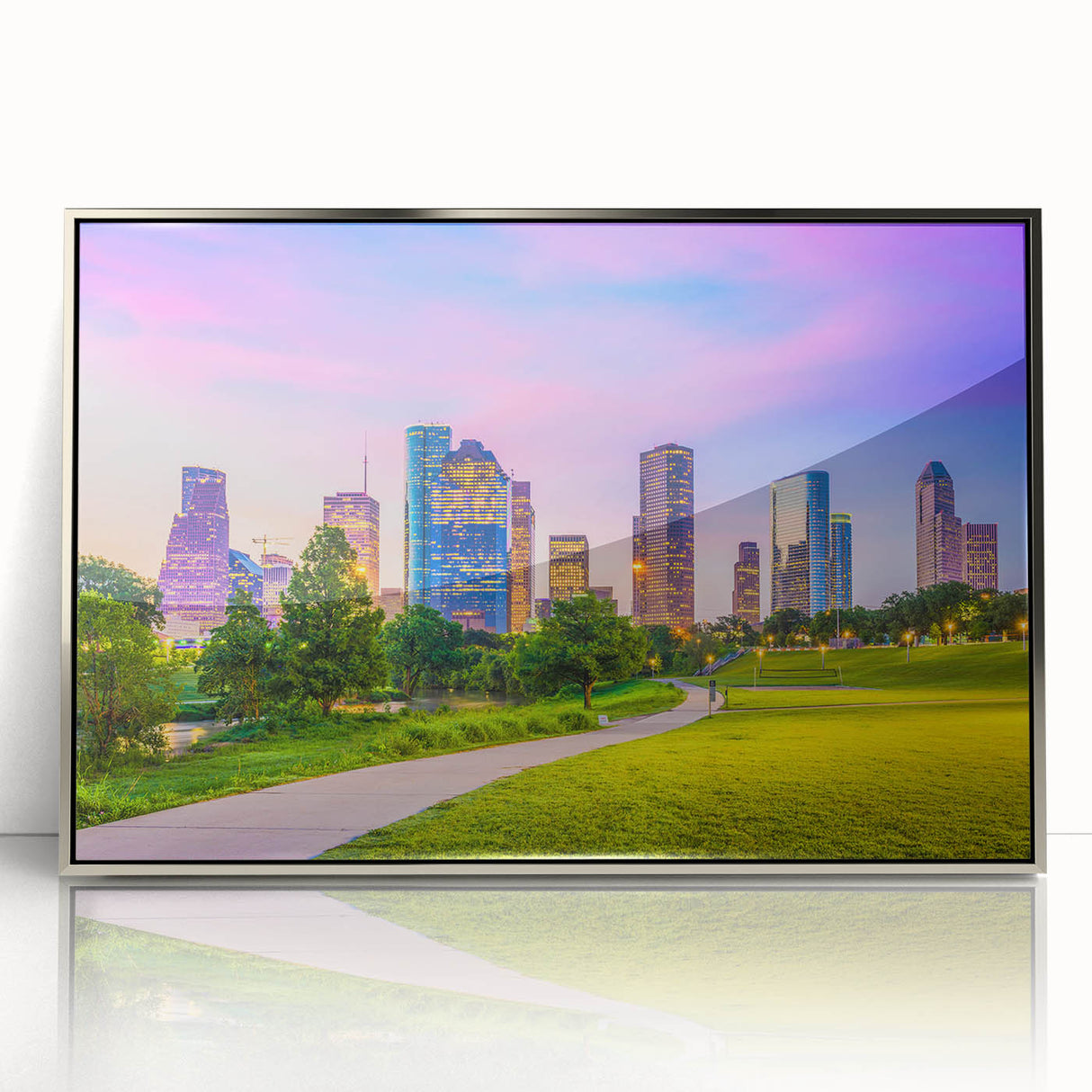 Mid-century modernist art depicting the Houston skyline in muted grays and blues on a framed acrylic print.