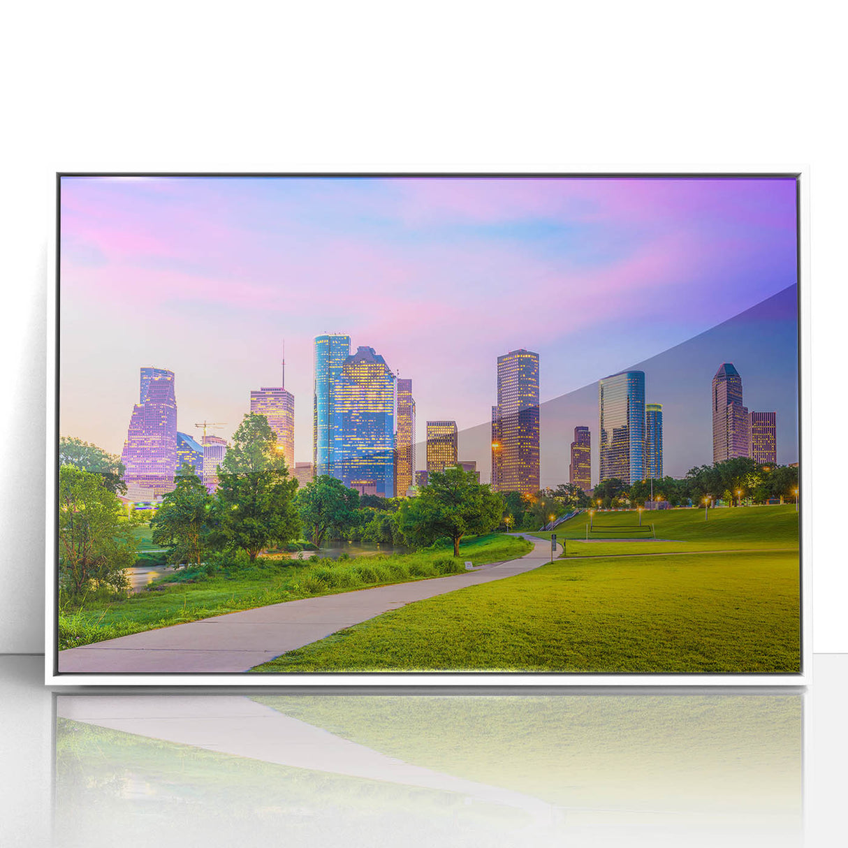 Art deco poster of Houston skyline in muted gray and blue tones on a white framed acrylic.