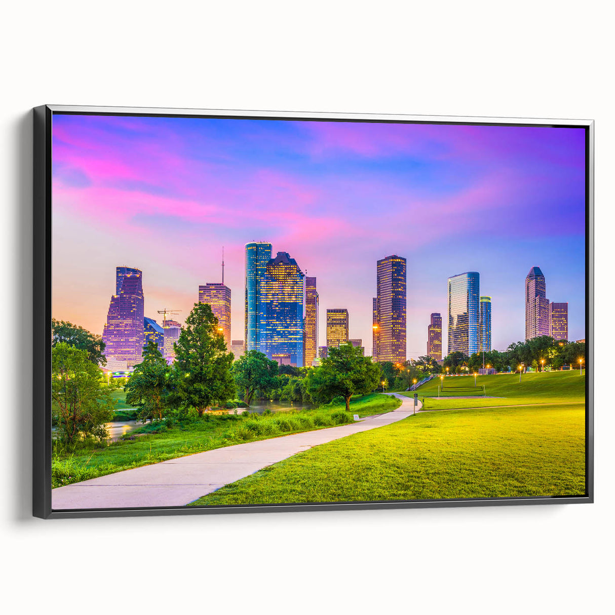 Black and white wall art featuring a vintage poster style landscape of Houston on a framed canvas, ideal for bedroom decor.