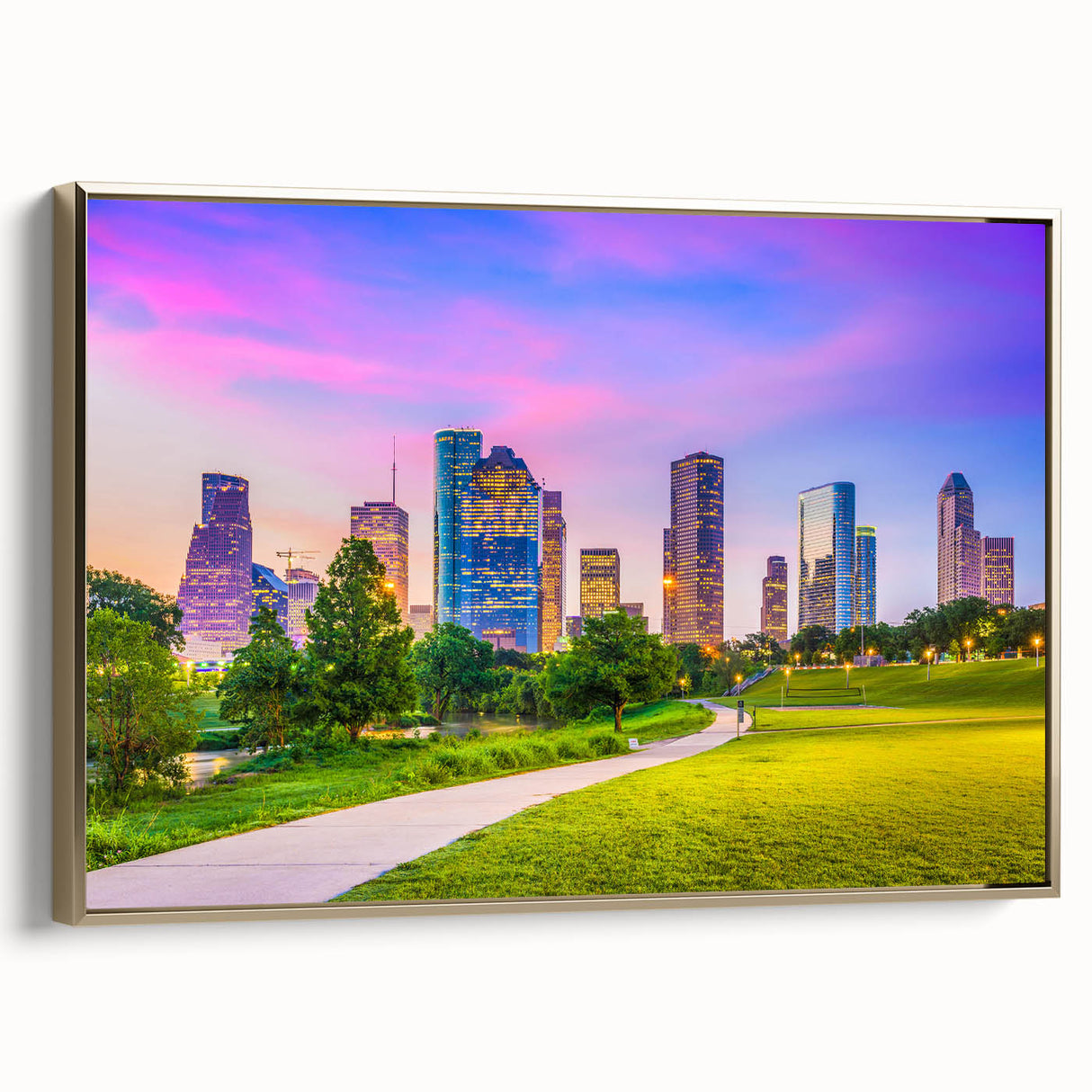 Framed canvas of Houston skyline in black and gold tones, vintage style, ideal for bedroom wall art.