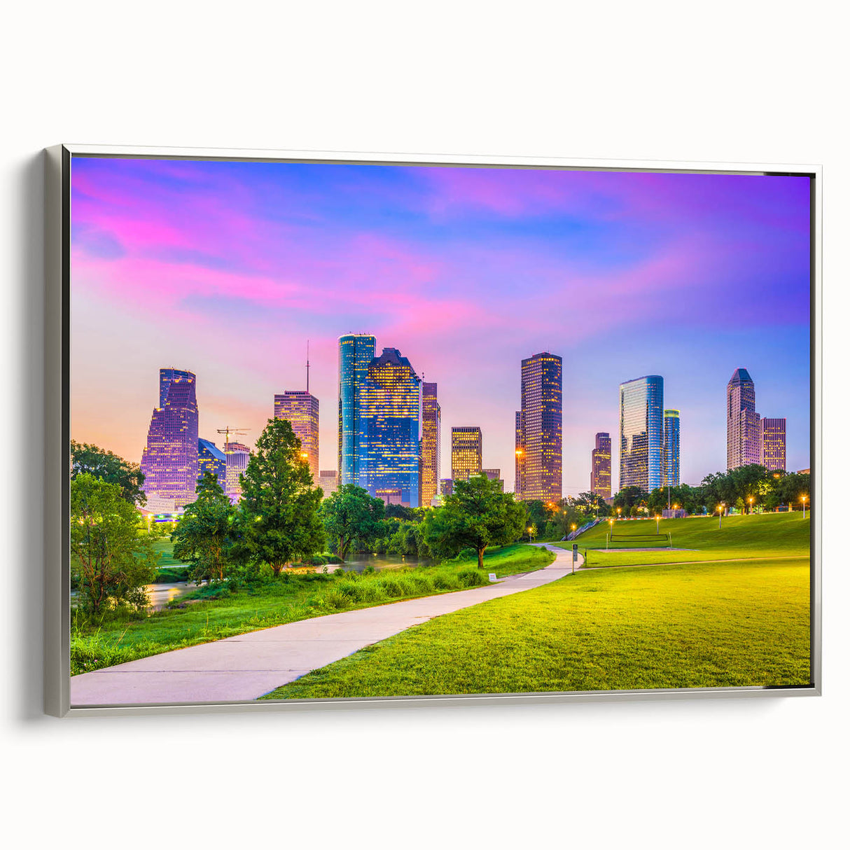Framed canvas landscape art painting of Houston skyline in muted colors, ideal for office or living room decor.