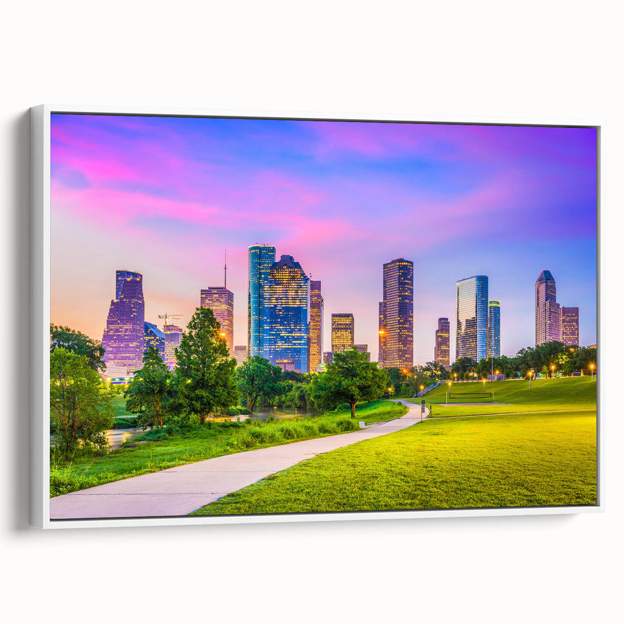 Vintage poster art of Houston skyline in colorful hues on extra large framed canvas, ideal for living room decor.