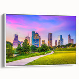 Vintage poster art of Houston skyline in colorful hues on extra large framed canvas, ideal for living room decor.