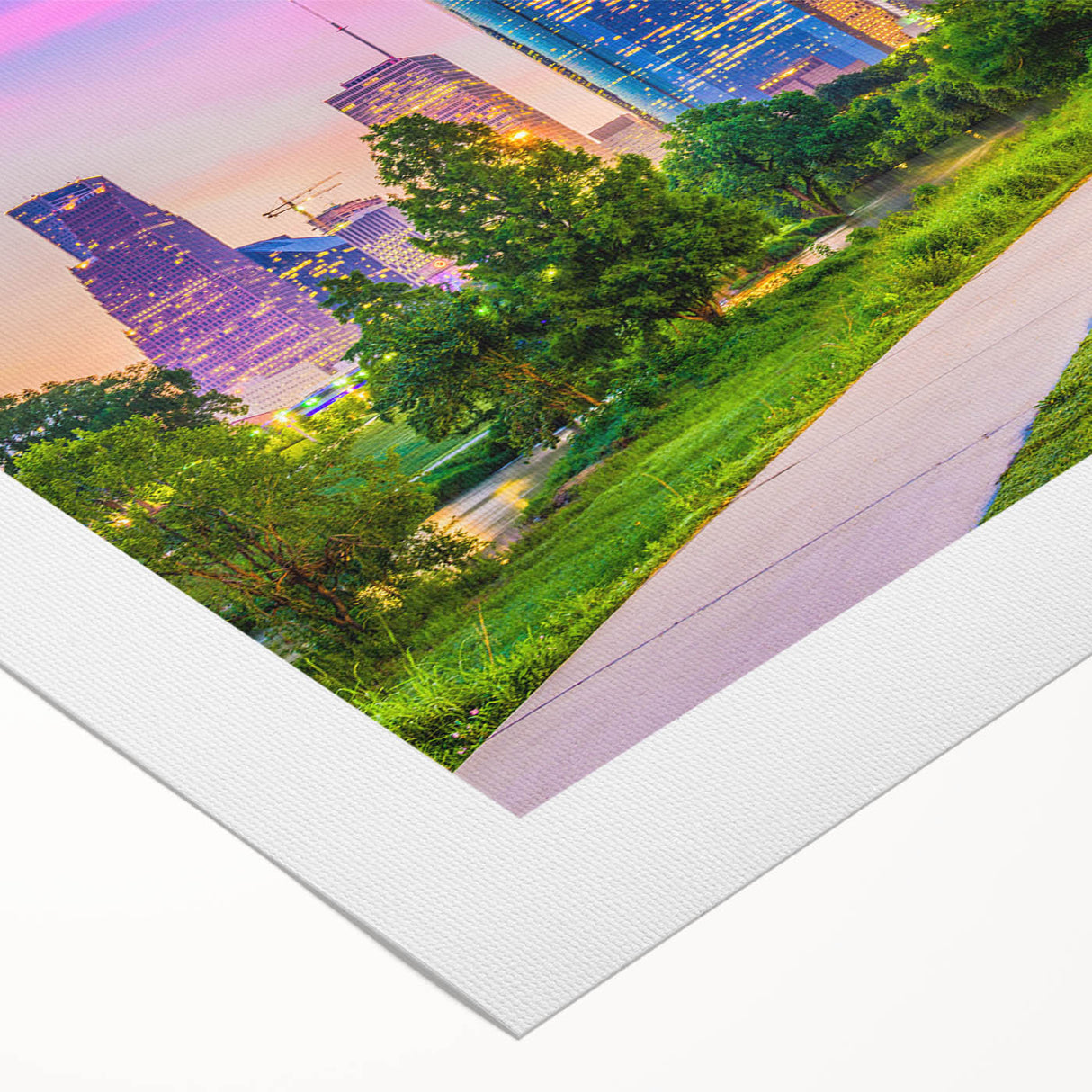Art deco poster of Houston skyline in muted gold and blue tones on rolled canvas, suitable for dining room wall art.
