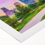 Art deco poster of Houston skyline in muted gold and blue tones on rolled canvas, suitable for dining room wall art.