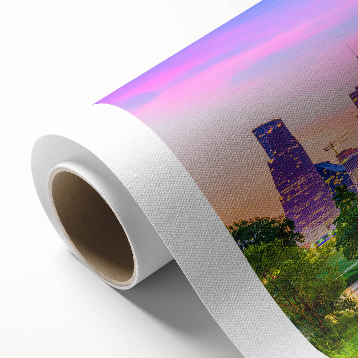Art deco poster of Houston skyline in pastel shades on rolled canvas, suitable for nursery wall art.