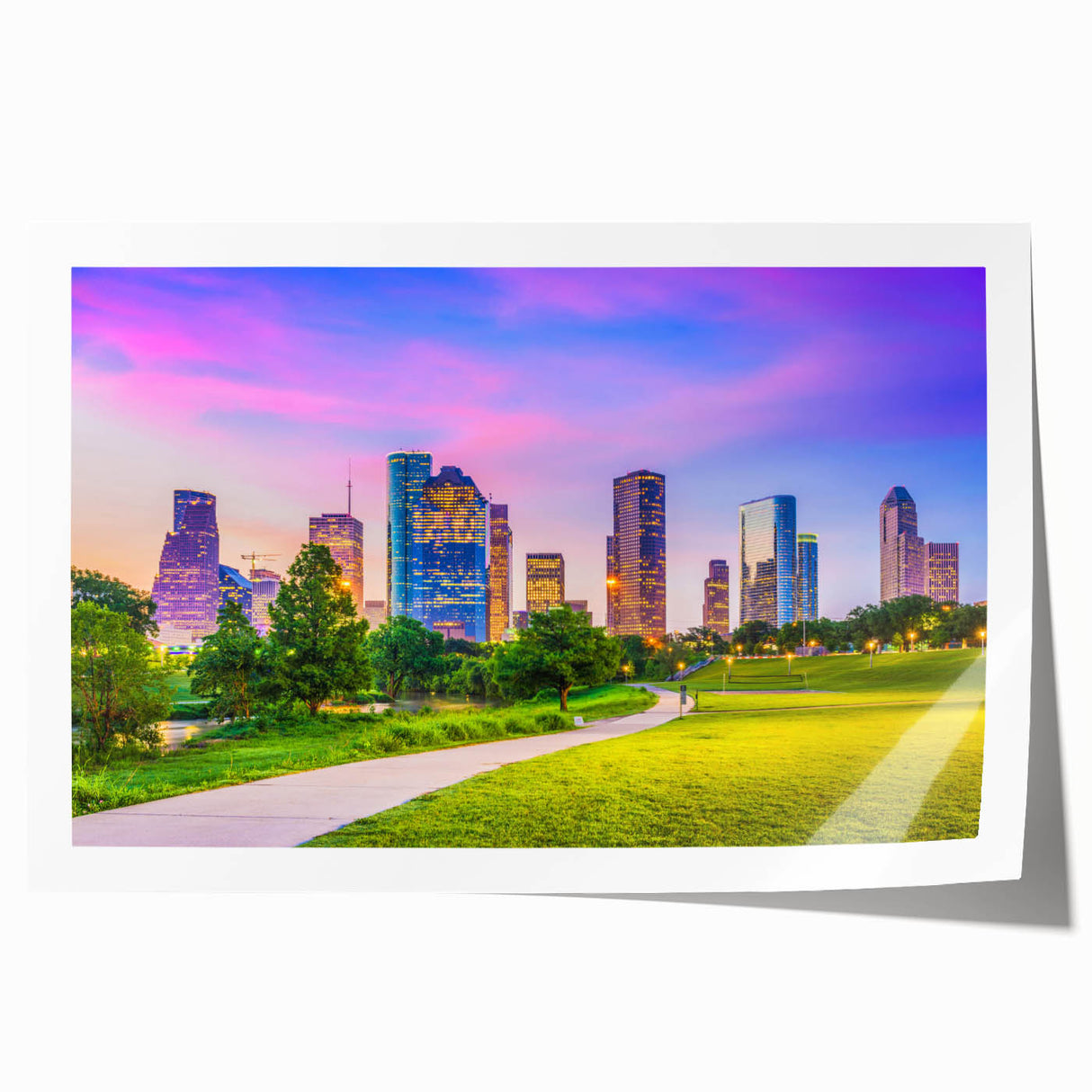 Extra large rolled print of Houston skyline in muted earth tones, ideal for art wall dining room.