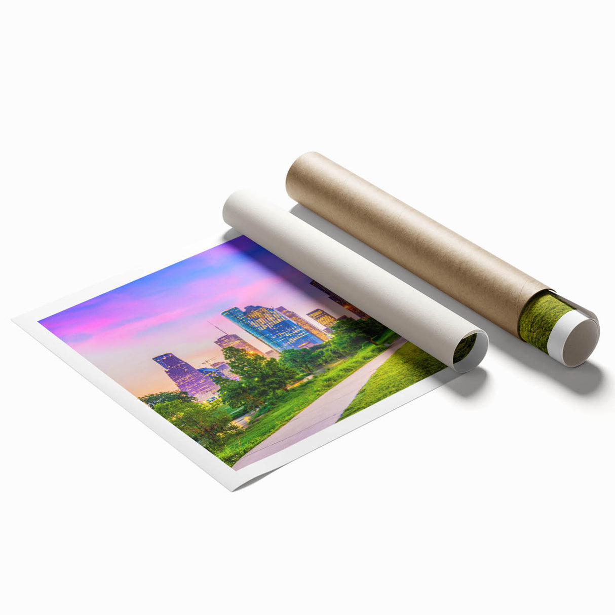 Extra large rolled print of Houston skyline with muted blue and gray tones, ideal for classy bathroom wall art.