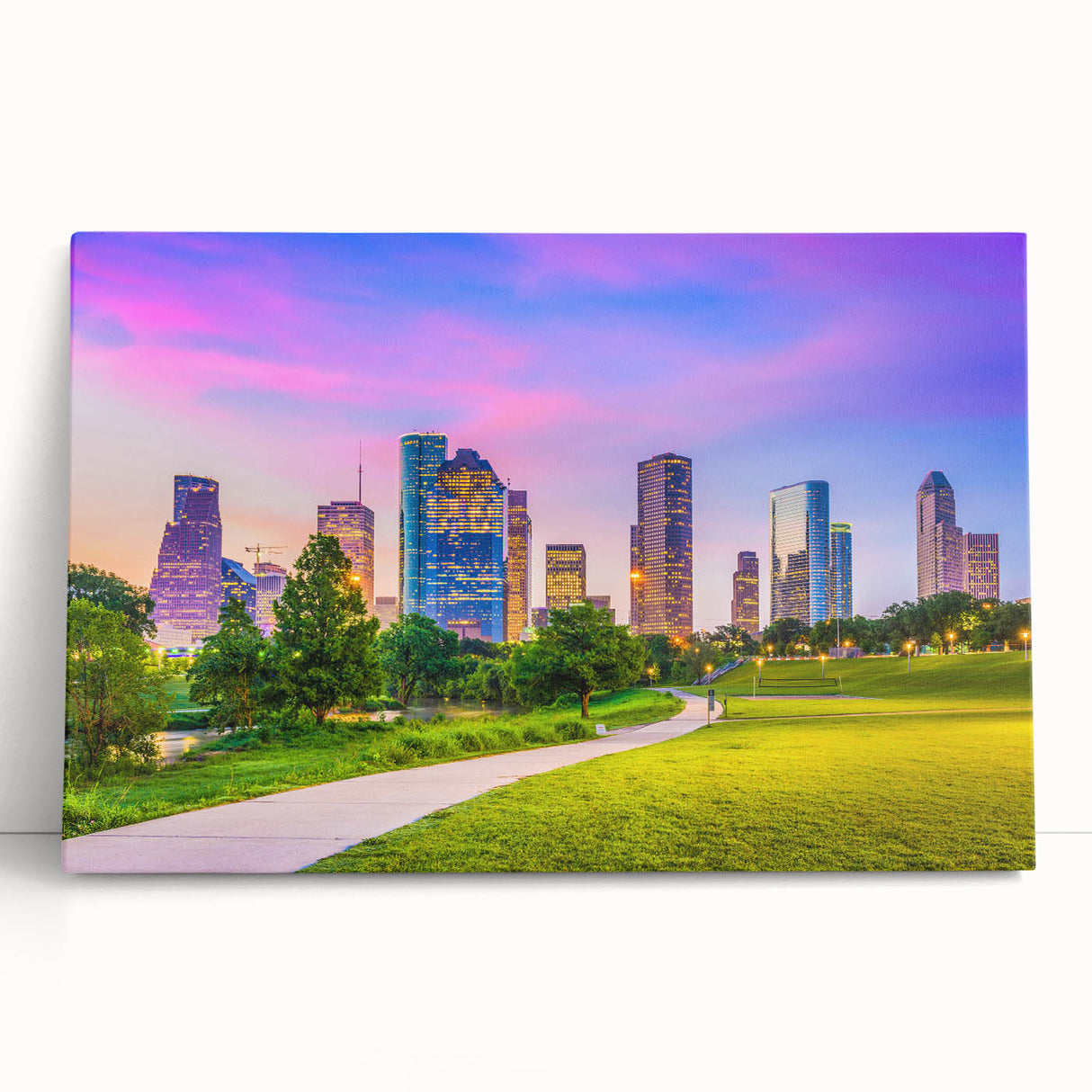 Black and white photo of Houston skyline on stretched canvas, ideal for kitchen wall art or bedroom.