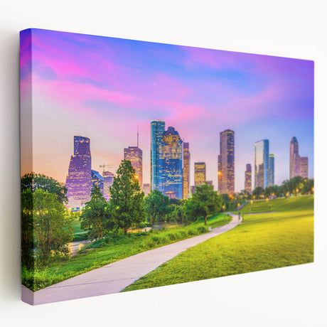 A panoramic view of Houston skyline on a large stretched canvas, featuring muted evening colors, ideal for kitchen wall art.