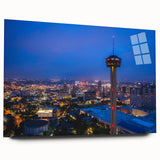 Large abstract wall art of San Antonio skyline in muted blue and gray tones on acrylic glass.