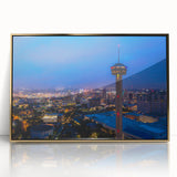 Acrylic print of San Antonio skyline with mid-century modernist style in gold tones, ideal for modern art wall decor.