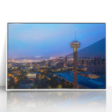 Art deco poster of San Antonio skyline in muted gray and blue tones on framed acrylic, ideal for modern art wall decor.