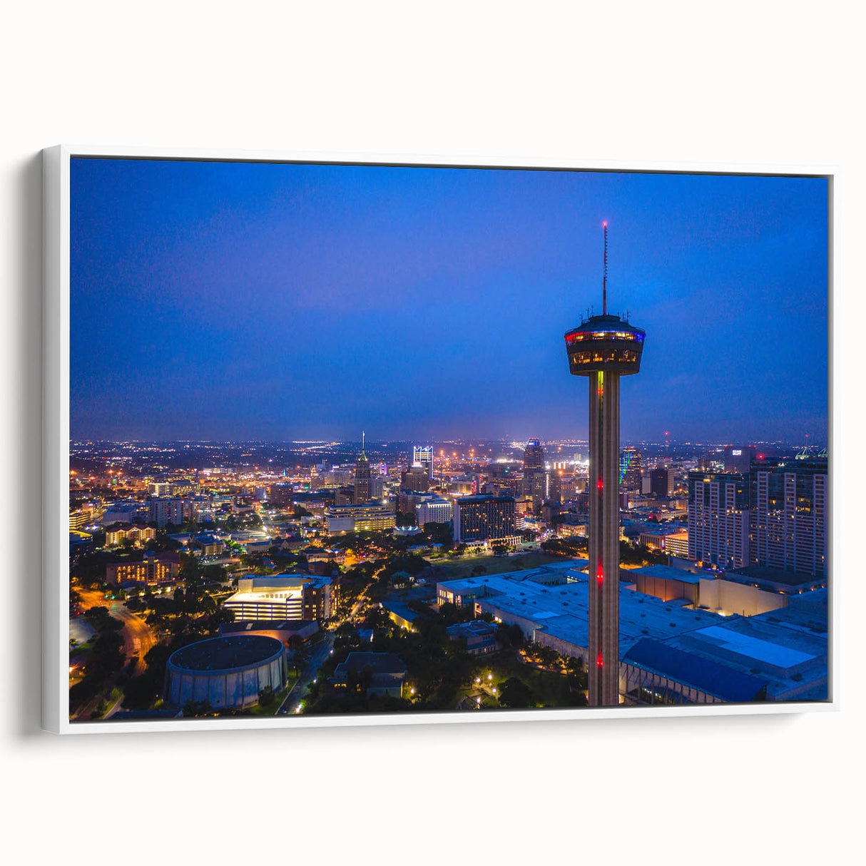 Vintage poster art of San Antonio skyline on a framed canvas, featuring colorful art in black, ideal for living room decor.