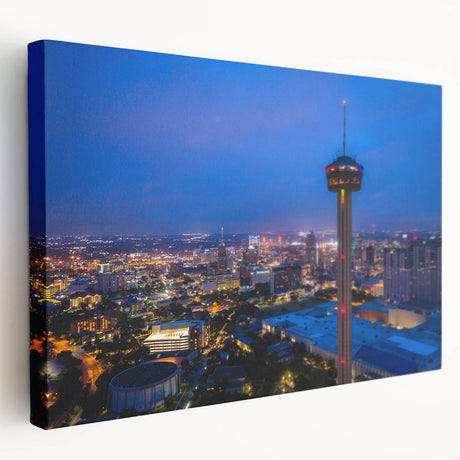Large art print of San Antonio skyline in muted earth tones on stretched canvas, ideal for kitchen wall art.