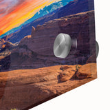 Mid-century modernist style large abstract wall art of Arches National Park in muted earth tones on acrylic glass.