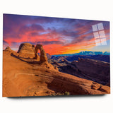 Acrylic print of large abstract depiction of Utah Arches in earthy red and orange tones.