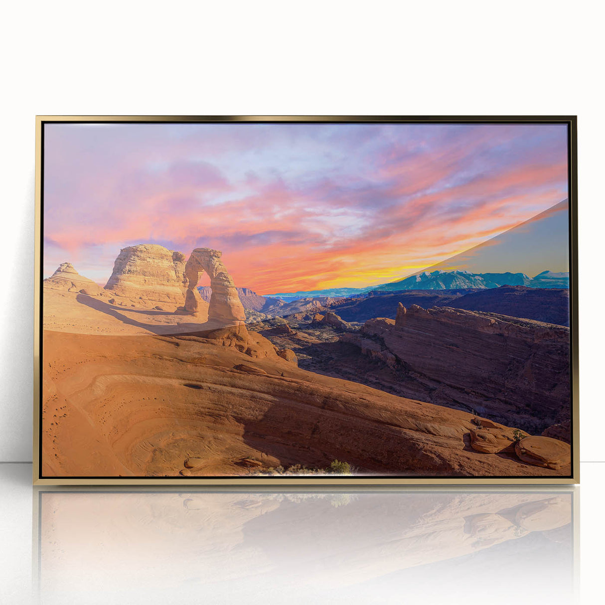 Framed acrylic print of Arches National Park in Utah with warm earth tones, ideal for modern art wall decor.