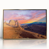 Framed acrylic print of Arches National Park in Utah with warm earth tones, ideal for modern art wall decor.