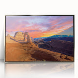 Mid-century modernist art of Arches National Park, Utah, in muted earth tones on a framed acrylic print.