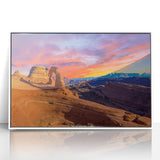 Art deco poster of Arches National Park, Utah on white framed acrylic, in muted earth tones, ideal for modern art wall decor.