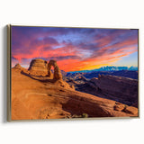 Framed canvas featuring a vintage-style landscape of Arches National Park in muted earth tones, ideal for bedroom wall art.