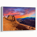 Vintage poster art of Arches National Park in vibrant colors on a framed canvas, ideal for living room decor.