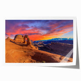Arches National Park scene in muted earth tones on a rolled canvas, suited for art wall dining room.