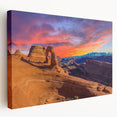 Large stretched canvas of Arches National Park in Utah, featuring earthy red and orange tones, suitable for kitchen wall art.