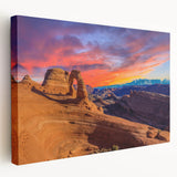 Large stretched canvas of Arches National Park in Utah, featuring earthy red and orange tones, suitable for kitchen wall art.