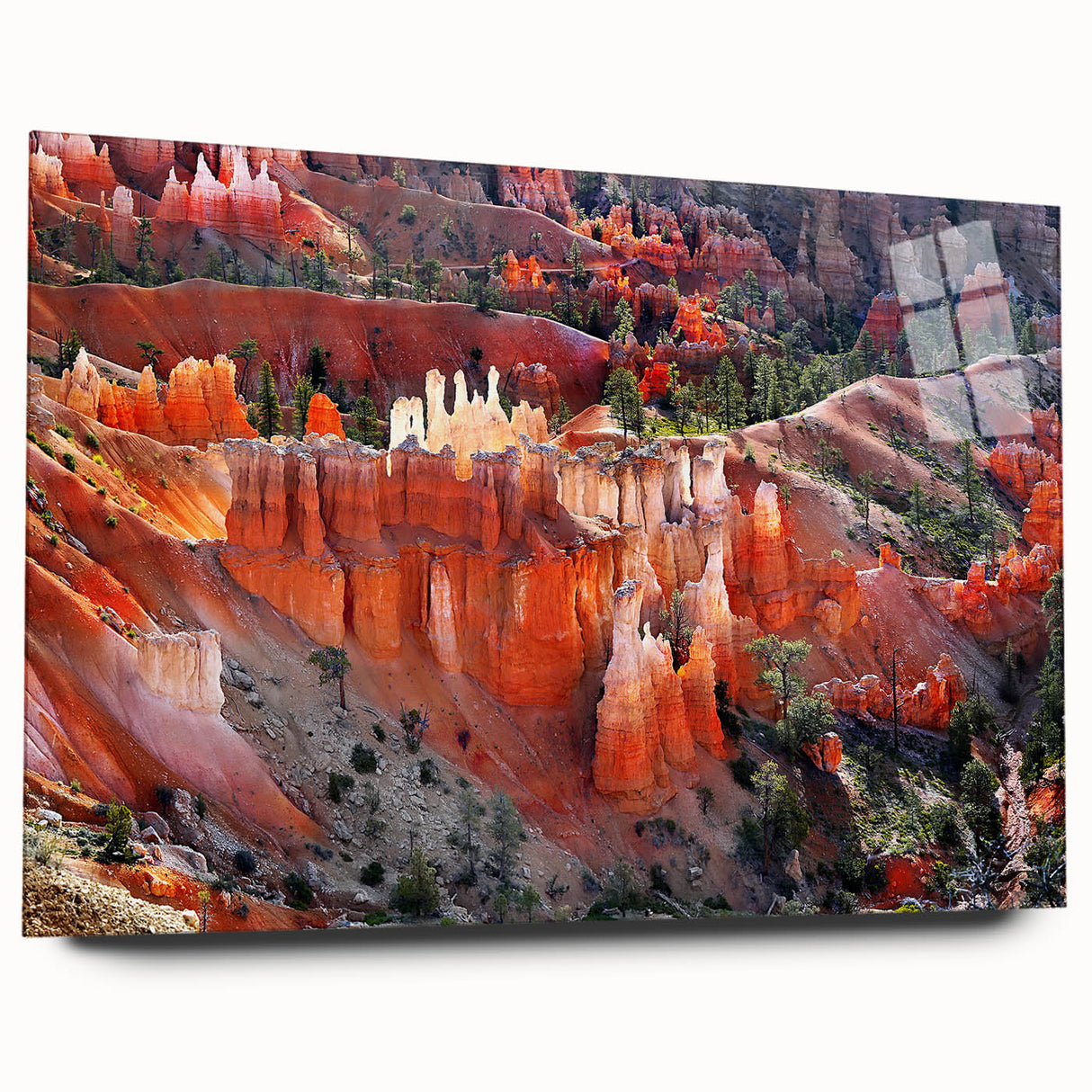 Large abstract wall art depicting Bryce Canyon in muted earth tones on acrylic glass.