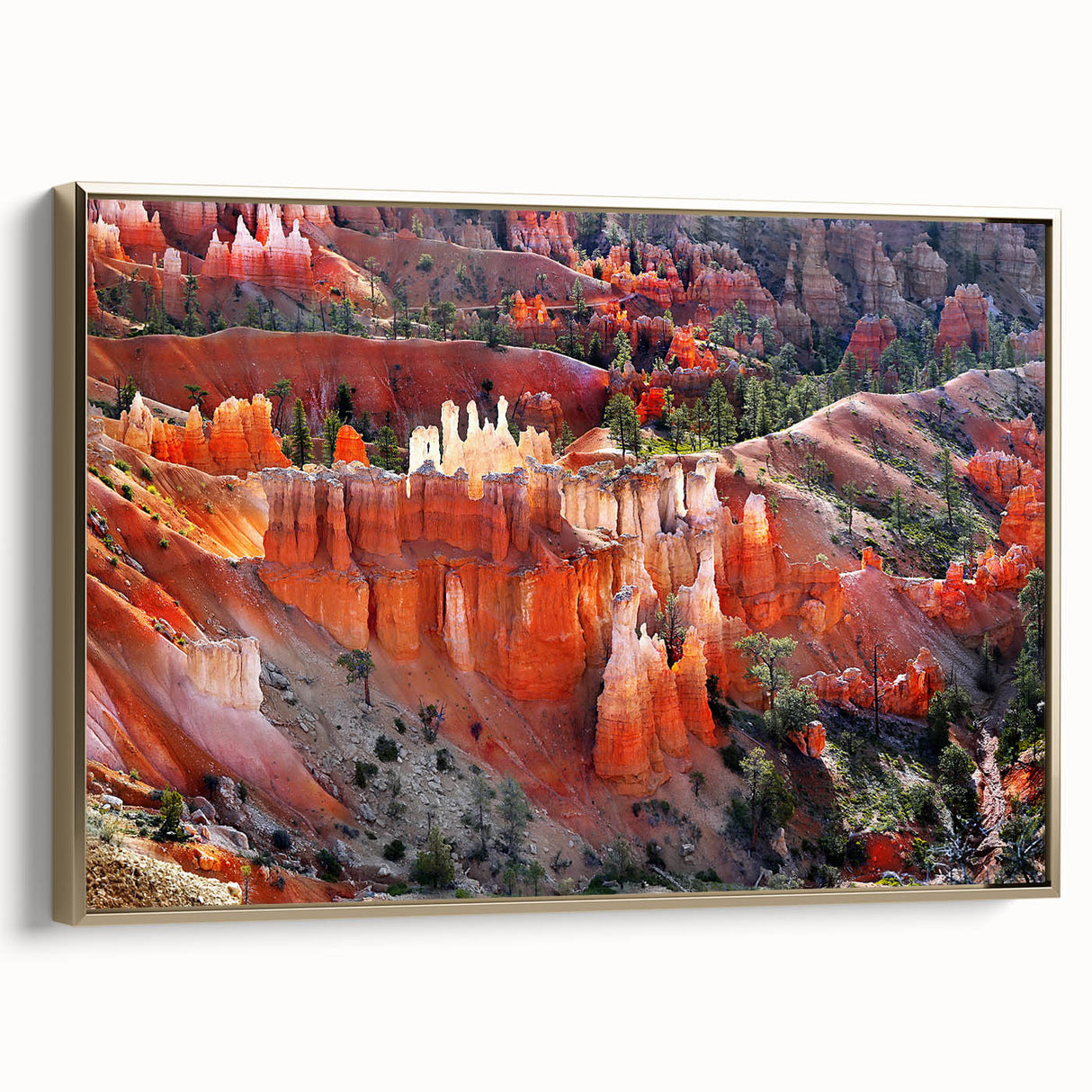 Framed canvas of Bryce Canyon landscape in vintage poster style with muted earth tones, ideal for bedroom wall art.