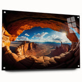 Acrylic print of Canyonlands National Park with red and orange hues, ideal for bedroom or dining room decor.