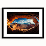 Abstract art print of Canyonlands with vibrant orange and red hues on a textured canvas, framed in black.