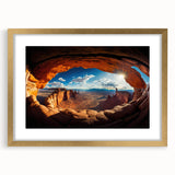 Extra large abstract art print of Utah's Canyonlands in gold frame, showing textured red and orange hues.