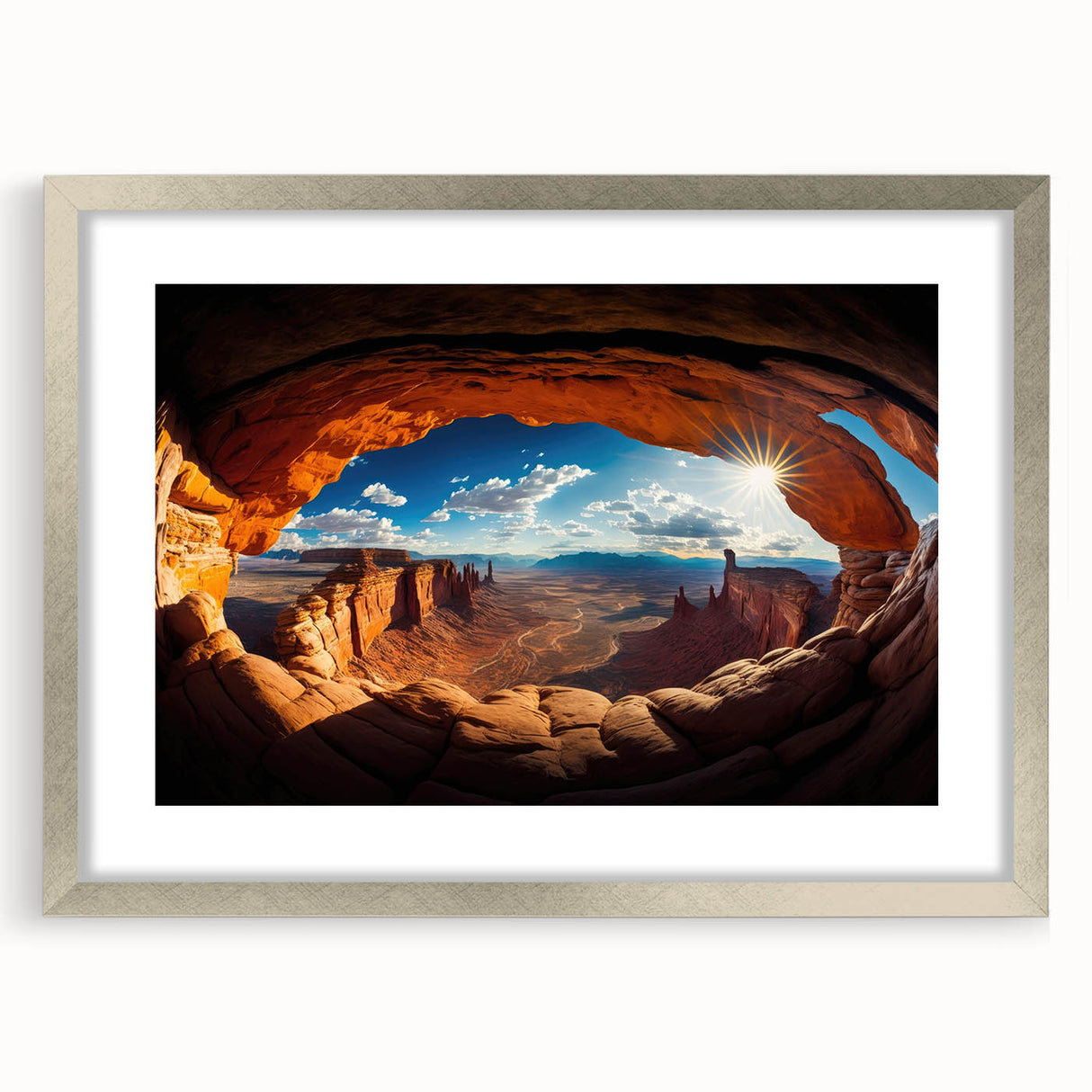 Textured abstract art print of Canyonlands with muted earth tones on a framed canvas, suitable for bedroom decor.