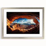 Textured abstract art print of Canyonlands with muted earth tones on a framed canvas, suitable for bedroom decor.