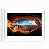 Abstract art print of Canyonlands with muted earth tones on a white-framed canvas, suitable for dining room decor.