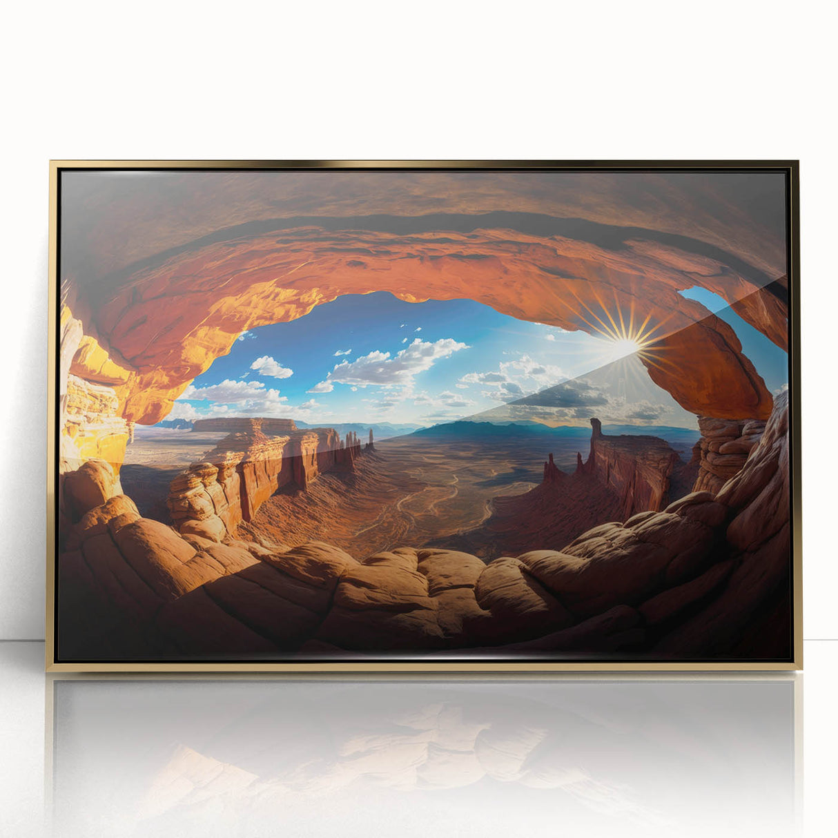 Large art print of Canyonlands with mid-century modernist style, framed in gold acrylic, featuring earthy tones.