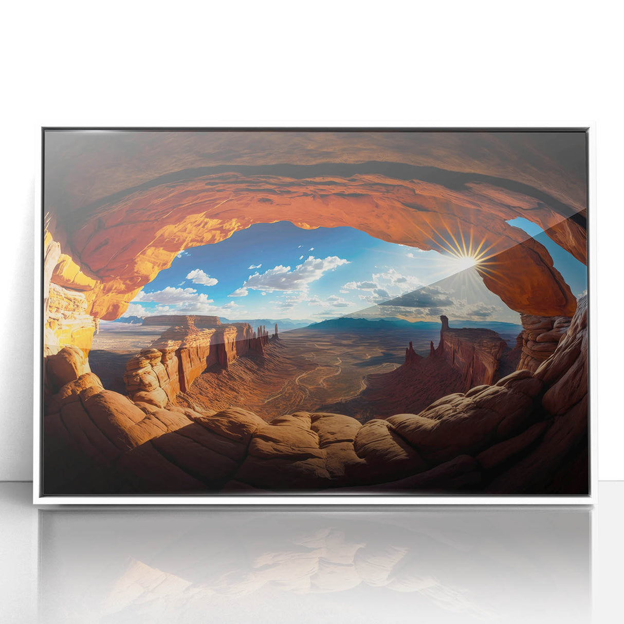 Acrylic print of Canyonlands National Park with muted earth tones, framed in white, suitable for modern art wall decor.