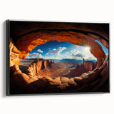 Black and white framed canvas of Canyonlands landscape, ideal for bedroom wall art in a vintage poster style.
