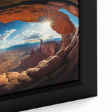 Textured black wall art of Canyonlands, Utah, with vibrant earth tones on a large framed canvas, ideal for living room decor.