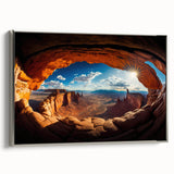 Framed canvas featuring a vintage-style landscape art painting of Canyonlands with a black and colorful palette.