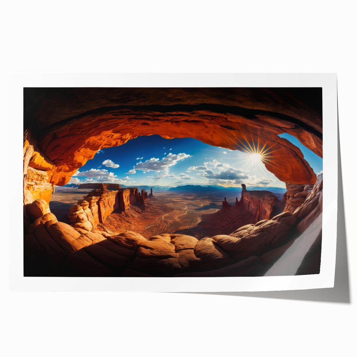 Panoramic desert landscape of Canyonlands, Utah in muted earth tones on a rolled canvas, suitable for art wall dining room.