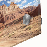 Large abstract depiction of Utah's Capitol Reef in muted earth tones on acrylic glass, suitable for dining room art.