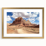 Extra large abstract art print of Utah's Capitol Reef in textured style with gold frame, ideal for living room decor.
