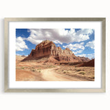 Textured abstract art print of Capitol Reef, Utah, in muted earth tones on a framed canvas, suitable for bedroom decor.